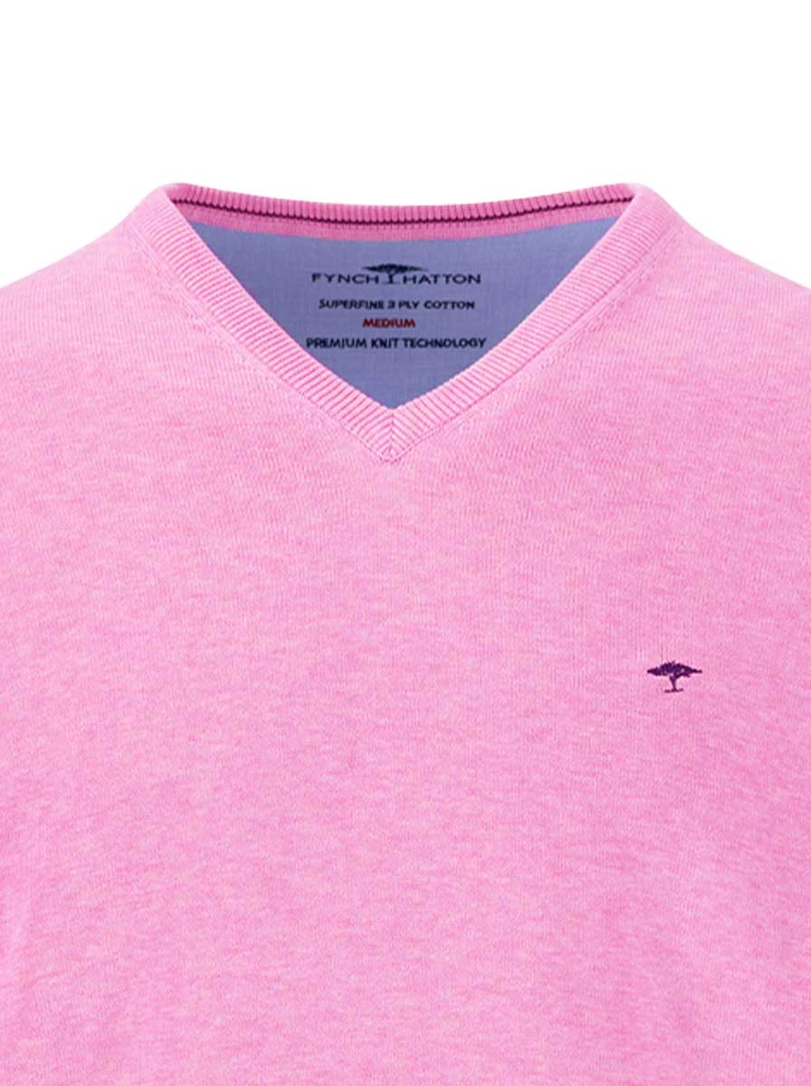 Fynch Hatton Knitwear & Jumpers Fynch Hatton - Superfine Cotton V-Neck Pink Jumper