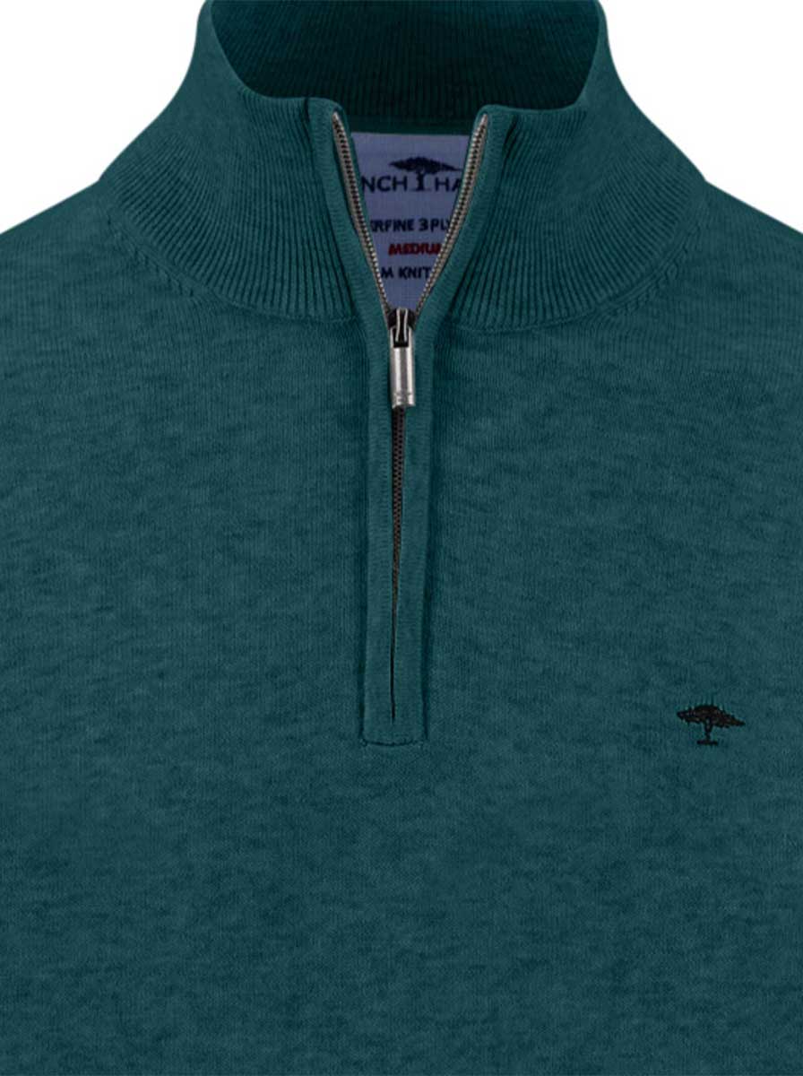 Fynch Hatton Knitwear & Jumpers Fynch Hatton - Teal 1/4 Zip Superfine Cotton Jumper