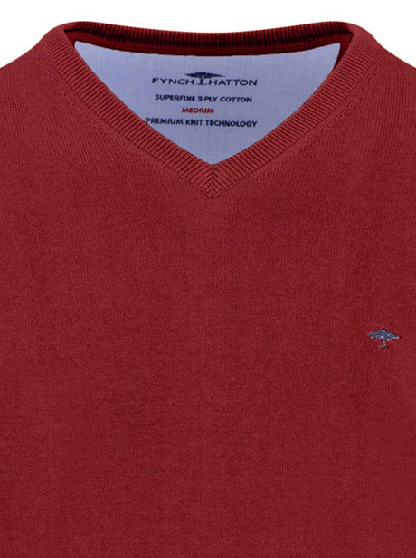 Fynch Hatton Knitwear & Jumpers Fynch Hatton - V-Neck Superfine Cotton Garnet Red Jumper