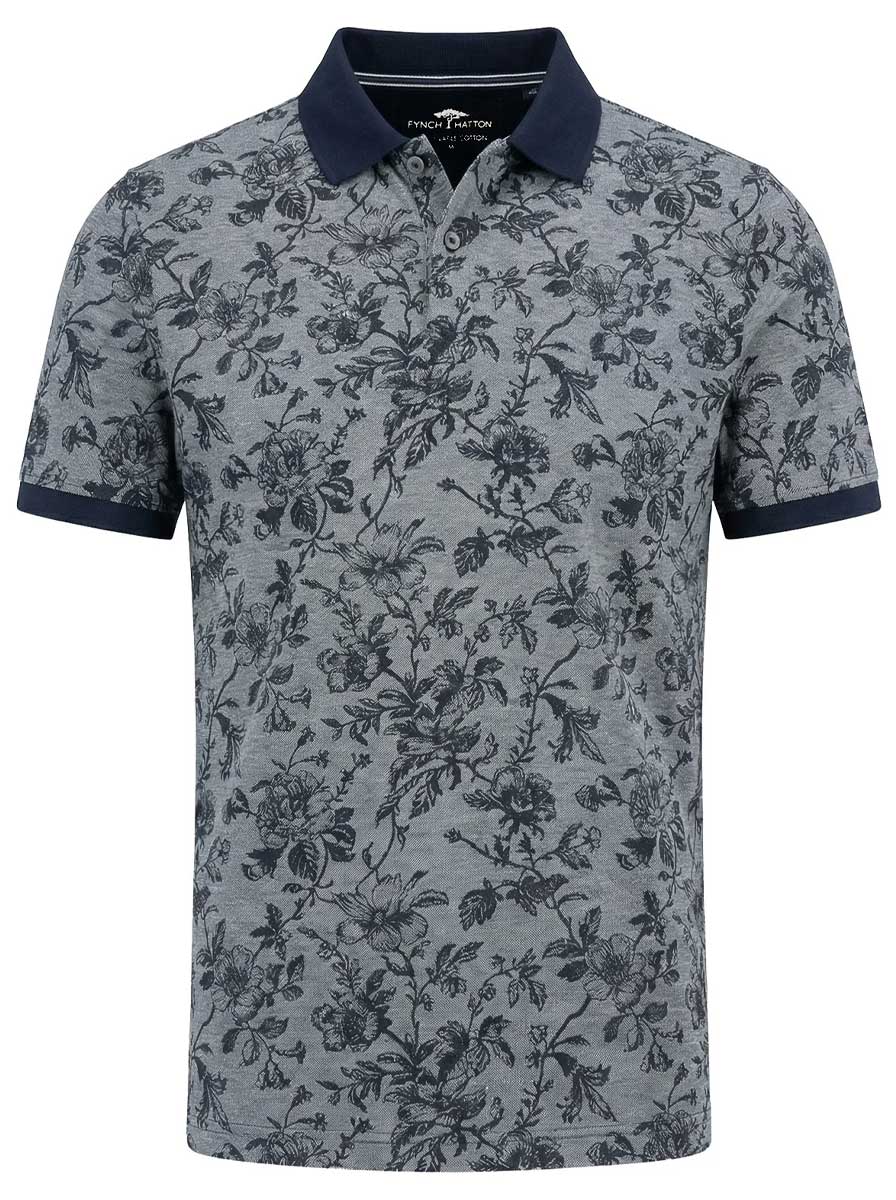 Fynch Hatton Polo & T-Shirts Fynch Hatton - Floral Print Cotton Navy Polo Shirt