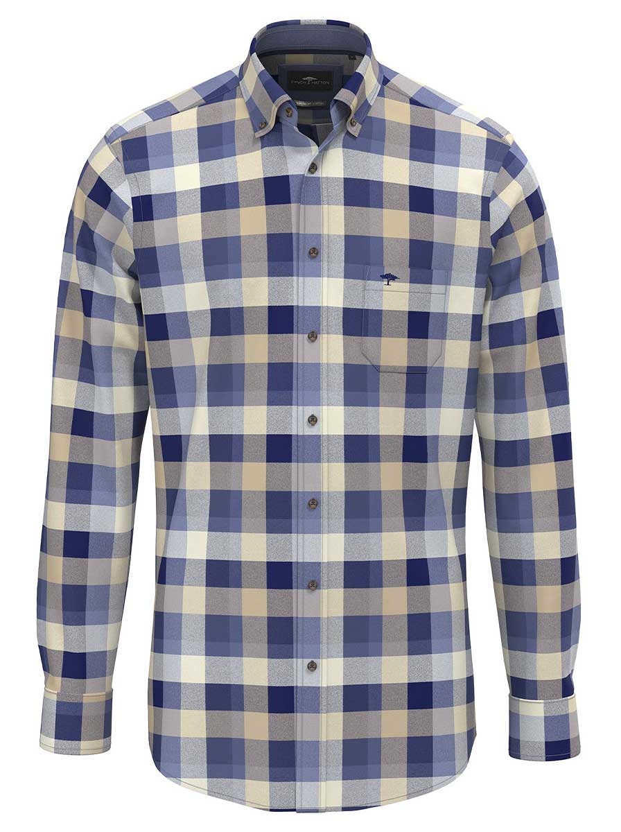 Fynch Hatton Shirts Fynch Hatton - Check Cotton Flannel Long Sleeve Crystal Blue Shirt