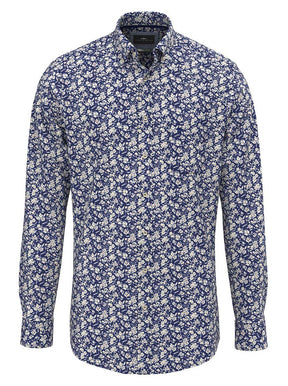 Fynch Hatton Shirts Fynch Hatton - Floral Print Cotton Long Sleeve Misty Blue Shirt