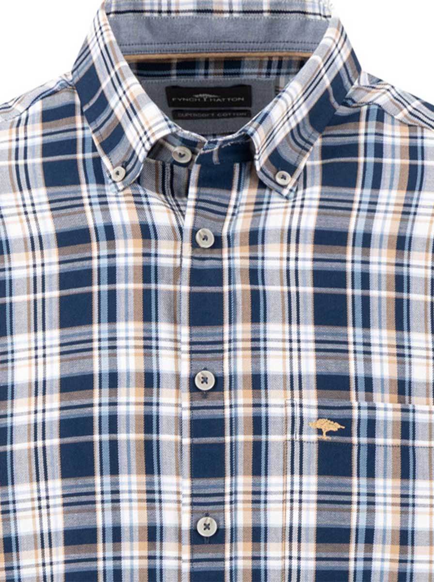 Fynch Hatton Shirts Fynch Hatton - Multi Check Navy Long Sleeve Cotton Twill Shirt