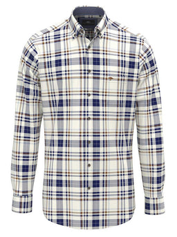 Fynch Hatton Shirts Fynch Hatton - Plaid Check Cotton Long Sleeve Misty Blue Shirt