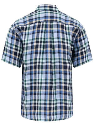 Fynch Hatton Short Sleeve Shirts Fynch Hatton - Check Linen Pine Green Short Sleeve Shirt