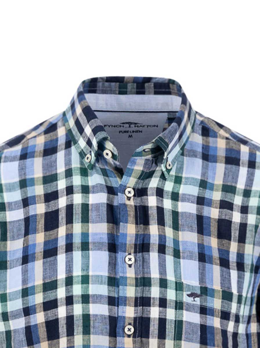 Fynch Hatton Short Sleeve Shirts Fynch Hatton - Check Linen Pine Green Short Sleeve Shirt