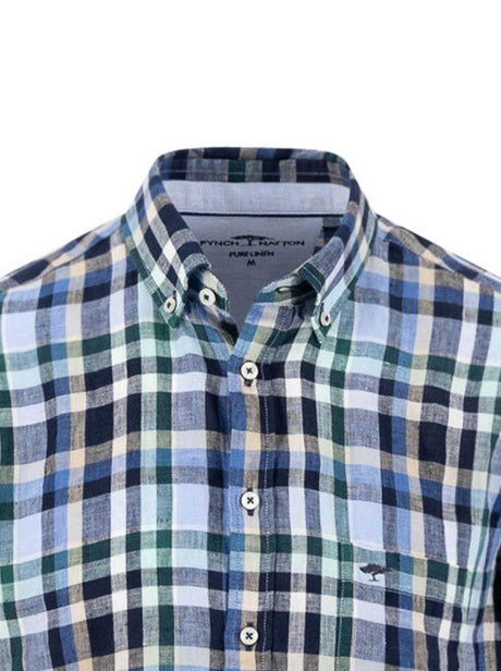 Fynch Hatton Short Sleeve Shirts Fynch Hatton - Check Linen Pine Green Short Sleeve Shirt
