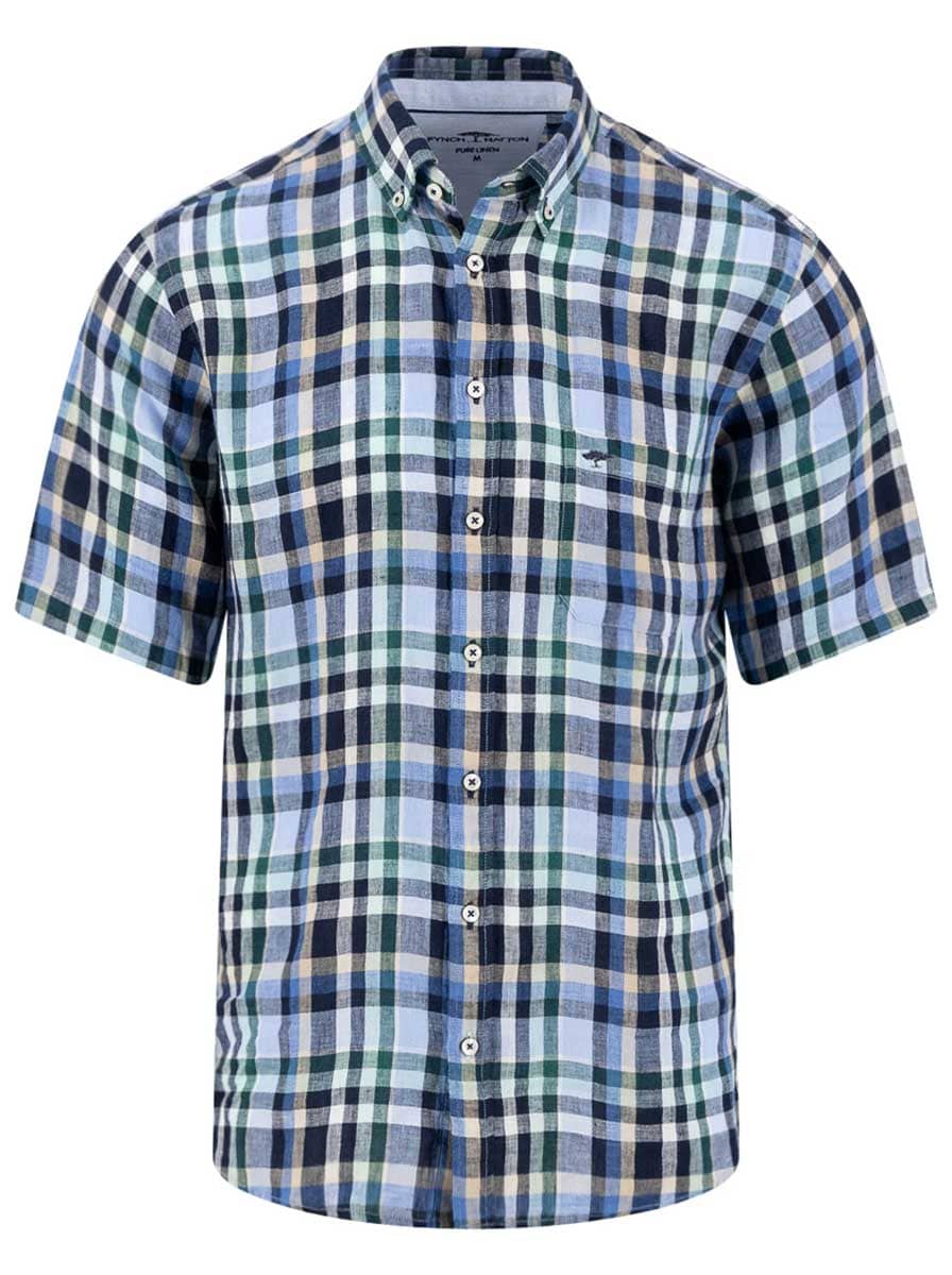 Fynch Hatton Short Sleeve Shirts Fynch Hatton - Check Linen Pine Green Short Sleeve Shirt