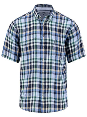 Fynch Hatton Short Sleeve Shirts Fynch Hatton - Check Linen Pine Green Short Sleeve Shirt