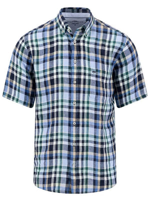 Fynch Hatton Short Sleeve Shirts Fynch Hatton - Check Linen Pine Green Short Sleeve Shirt