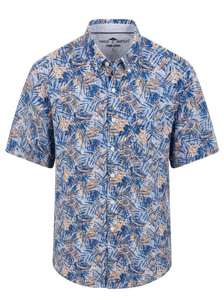 Fynch Hatton Short Sleeve Shirts Fynch Hatton - Fern Print Tangerine Linen Short Sleeve Shirt