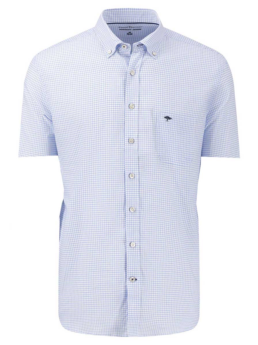 Fynch Hatton Short Sleeve Shirts Fynch Hatton - Oxford Cotton Check Blue Short Sleeve Shirt