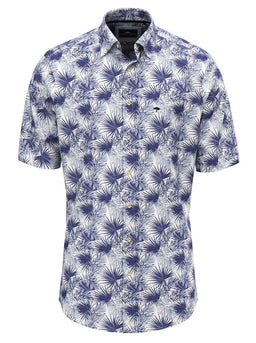 Fynch Hatton Short Sleeve Shirts Fynch Hatton - Premium Cotton Fern Print Navy Short Sleeve Shirt