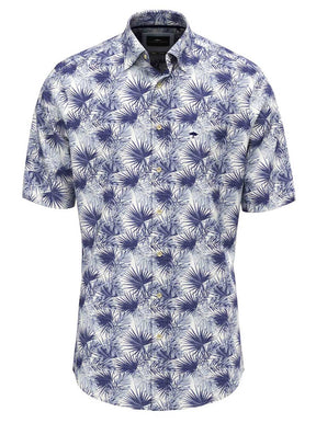 Fynch Hatton Short Sleeve Shirts Fynch Hatton - Premium Cotton Fern Print Navy Short Sleeve Shirt