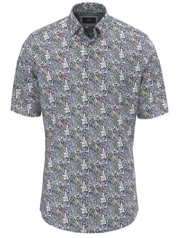 Fynch Hatton Short Sleeve Shirts Fynch Hatton - Premium Cotton Navy Leaf Print Short Sleeve Shirt