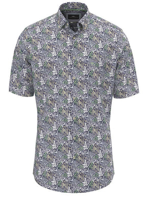 Fynch Hatton Short Sleeve Shirts Fynch Hatton - Premium Cotton Navy Leaf Print Short Sleeve Shirt