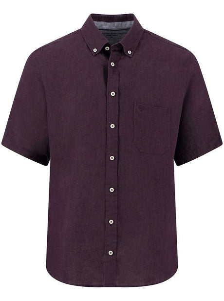 Fynch Hatton Short Sleeve Shirts Fynch Hatton - Premium Linen Aubergine Short Sleeve Shirt