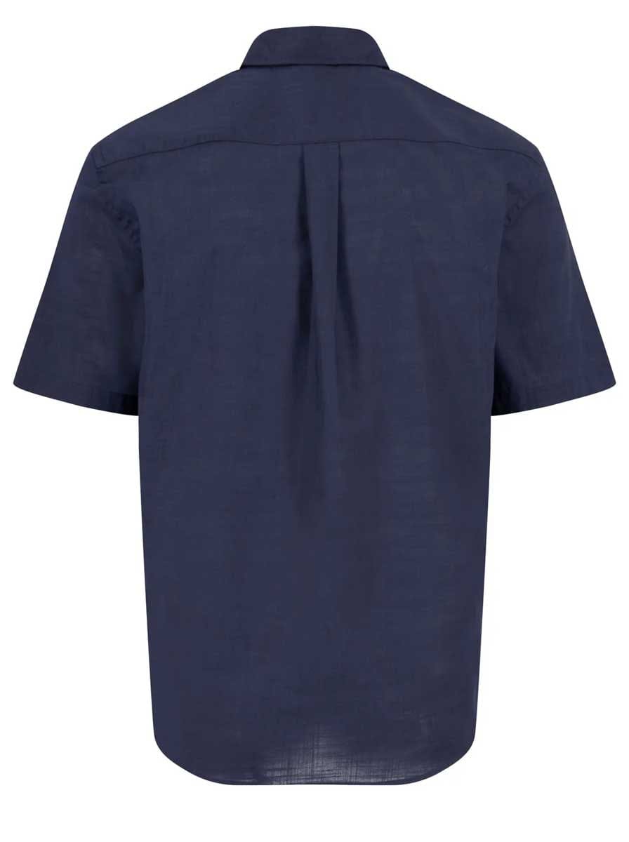 Fynch Hatton Short Sleeve Shirts Fynch Hatton - Textured Cotton Navy Short Sleeve Shirt