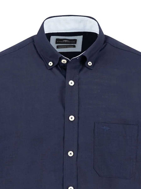 Fynch Hatton Short Sleeve Shirts Fynch Hatton - Textured Cotton Navy Short Sleeve Shirt