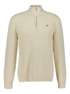 Gant Knitwear & Jumpers Gant - Textured Cotton Half Zip Cream Jumper