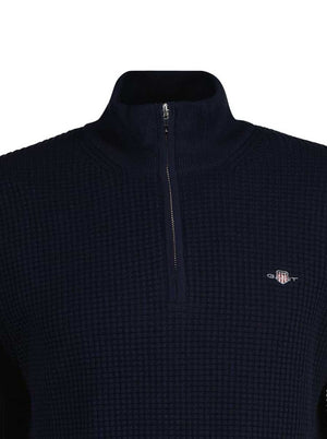 Gant Knitwear & Jumpers Gant - Textured Cotton Half Zip Evening Blue Jumper