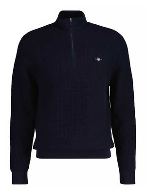 Gant Knitwear & Jumpers Gant - Textured Cotton Half Zip Evening Blue Jumper