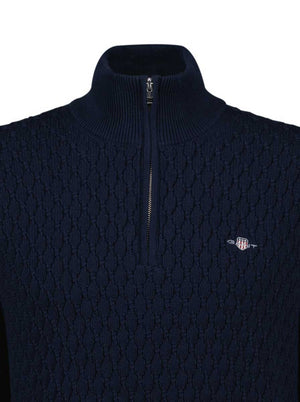 Gant Knitwear & Jumpers Gant - Textured Cotton Half Zip Evening Blue Jumper