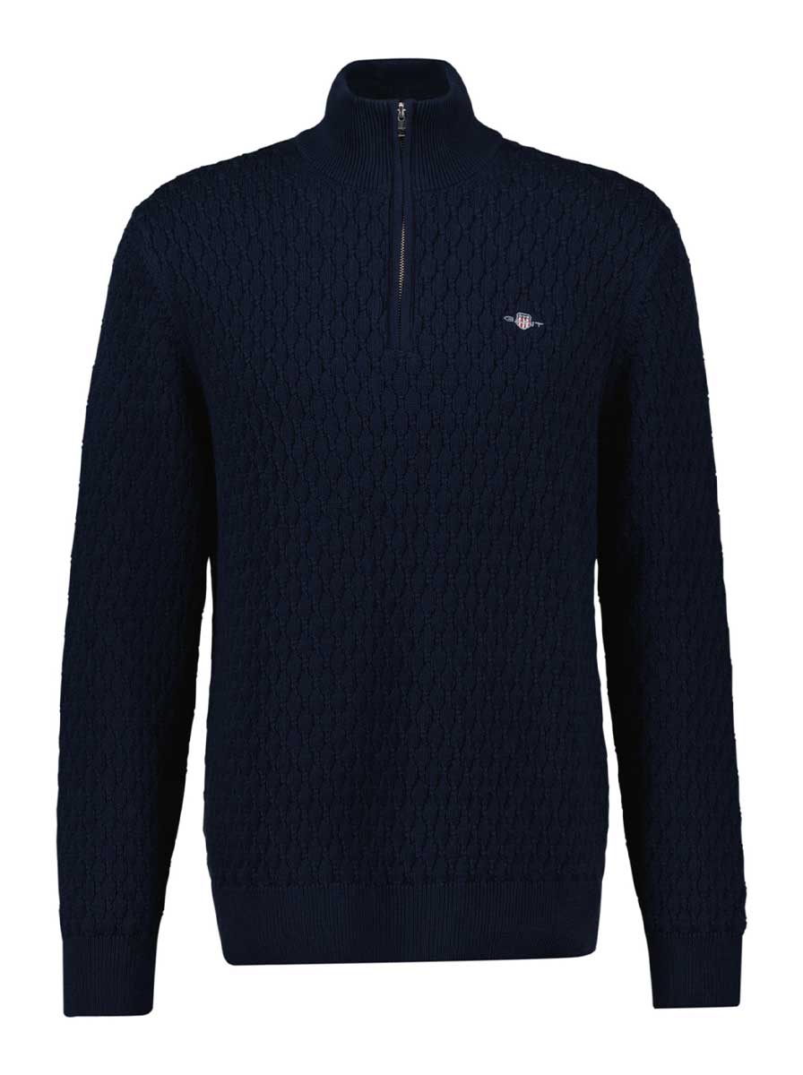 Gant Knitwear & Jumpers Gant - Textured Cotton Half Zip Evening Blue Jumper