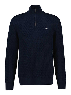 Gant Knitwear & Jumpers Gant - Textured Cotton Half Zip Evening Blue Jumper