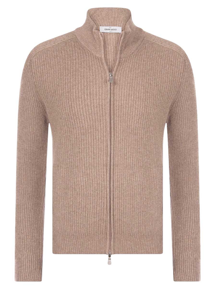 Gran Sasso Knitwear & Jumpers Gran Sasso - Wool/Cashmere Biscuit Ribbed Full Zip Cream Cardigan