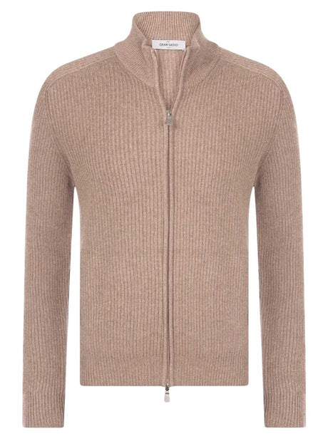 Gran Sasso Knitwear & Jumpers Gran Sasso - Wool/Cashmere Biscuit Ribbed Full Zip Cream Cardigan