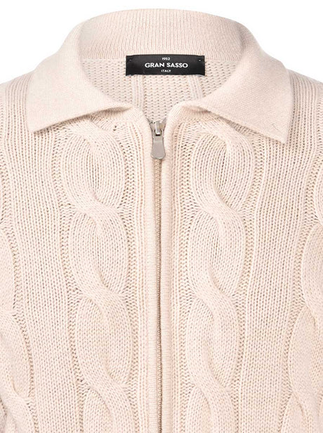 Gran Sasso Knitwear & Jumpers Gran Sasso - Wool/Cashmere Cable Full Zip Cream Cardigan
