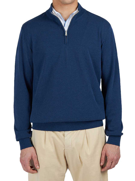 Paul & Shark Knitwear & Jumpers Paul & Shark - Fresco Cotton Quarter Zip Navy Sweater