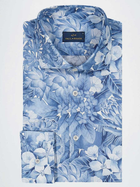 Paul & Shark Shirts Paul & Shark - French Collar Blue Floral Liberty Print Long Sleeve Shirt