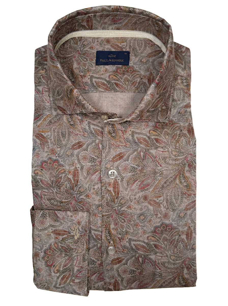 Paul & Shark Shirts Paul & Shark - French Collar Brown Floral Long Sleeve Shirt