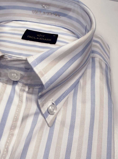 Paul & Shark Short Sleeve Shirts Paul & Shark - Multi Stripe Cotton Beige Short Sleeve Shirt