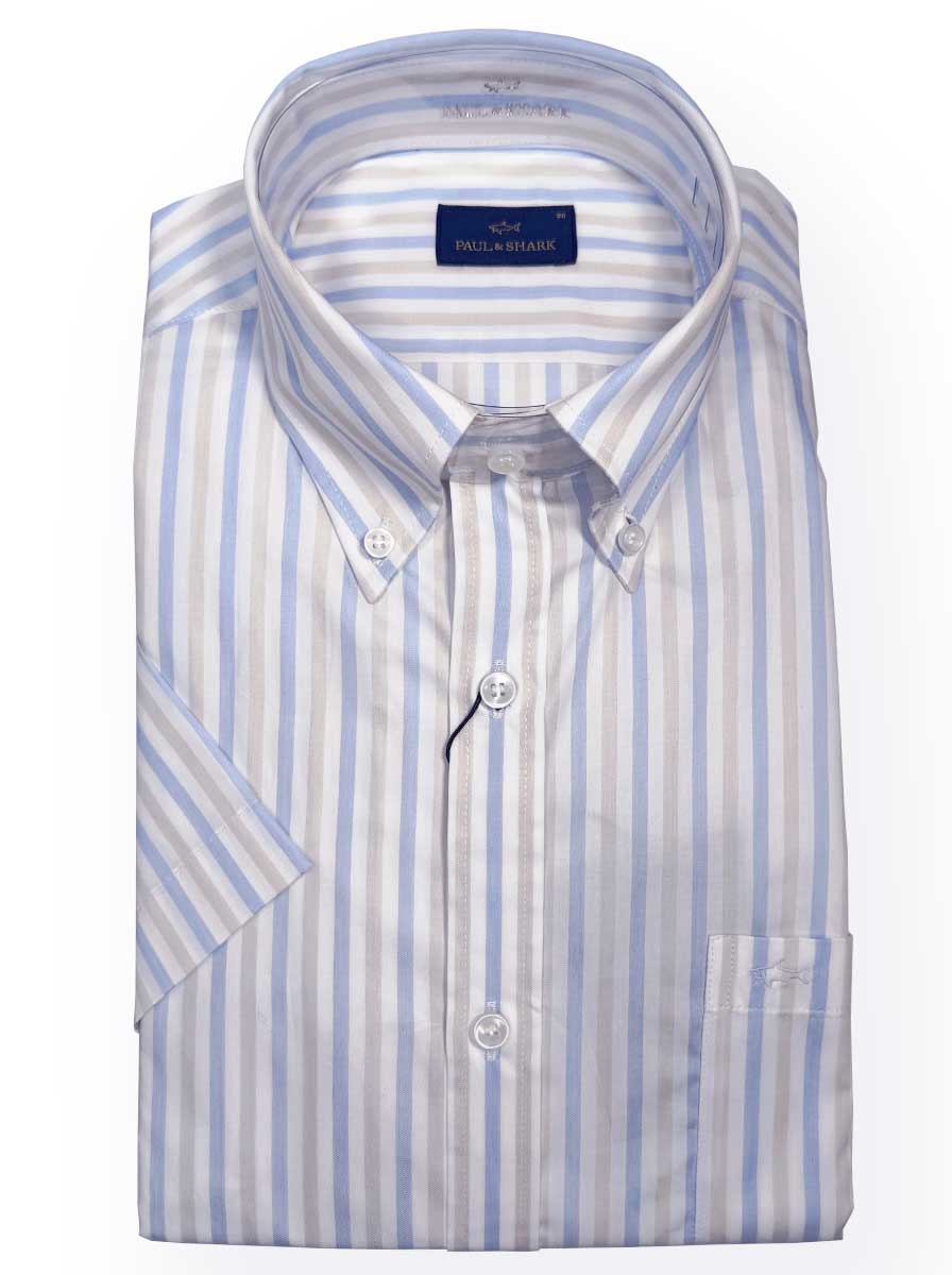 Paul & Shark Short Sleeve Shirts Paul & Shark - Multi Stripe Cotton Beige Short Sleeve Shirt