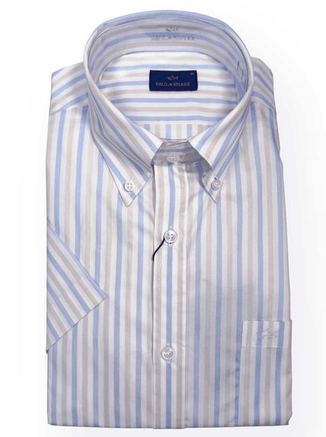 Paul & Shark Short Sleeve Shirts Paul & Shark - Multi Stripe Cotton Beige Short Sleeve Shirt