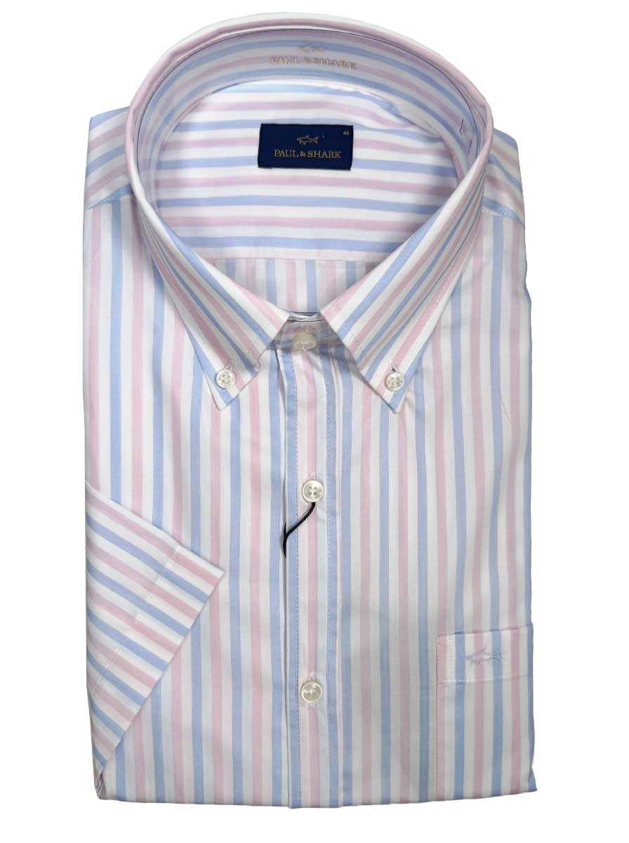 Paul & Shark Short Sleeve Shirts Paul & Shark - Multi Stripe Cotton Pink Short Sleeve Shirt