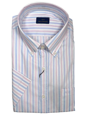 Paul & Shark Short Sleeve Shirts Paul & Shark - Multi Stripe Cotton Pink Short Sleeve Shirt