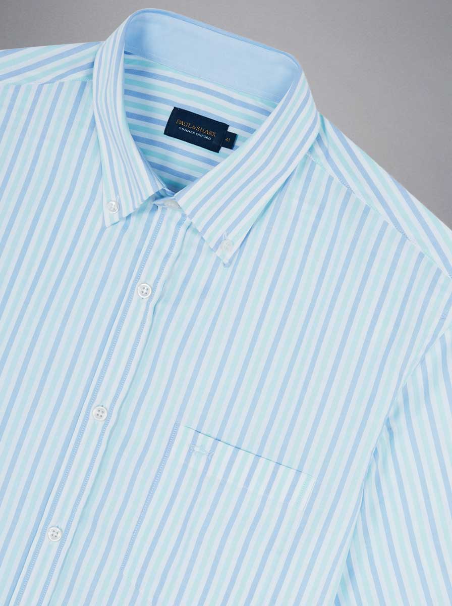 Paul & Shark Short Sleeve Shirts Paul & Shark - Multi Stripe Cotton Turquoise Short Sleeve Shirt