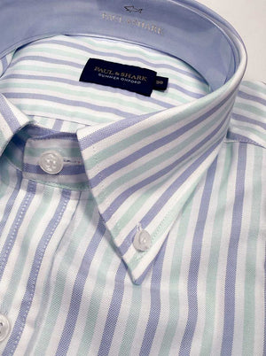 Paul & Shark Short Sleeve Shirts Paul & Shark - Multi Stripe Cotton Turquoise Short Sleeve Shirt