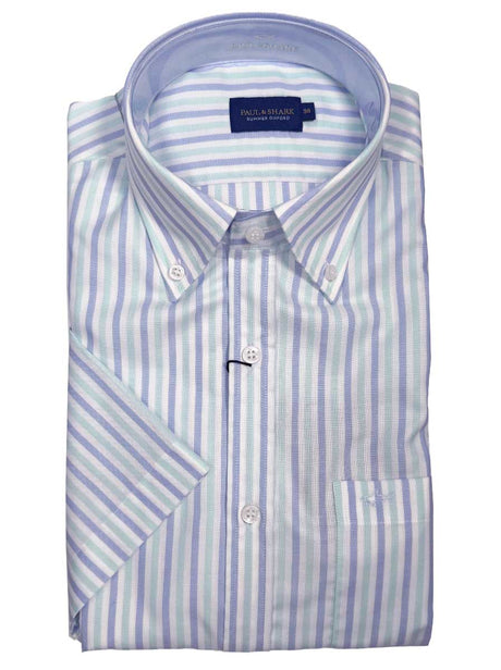 Paul & Shark Short Sleeve Shirts Paul & Shark - Multi Stripe Cotton Turquoise Short Sleeve Shirt
