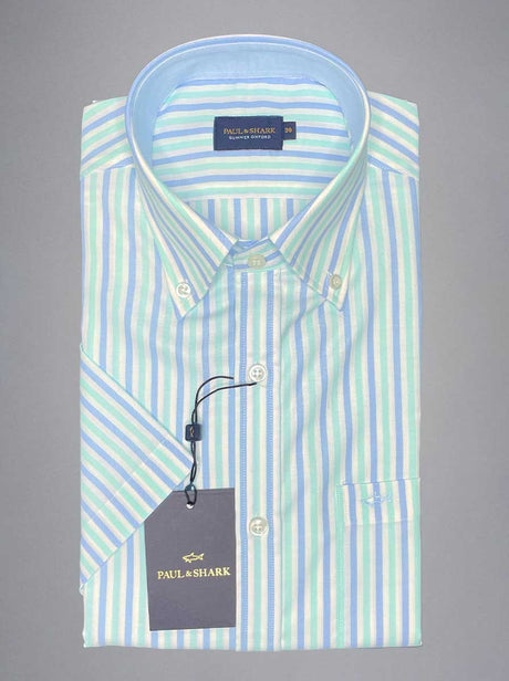 Paul & Shark Short Sleeve Shirts Paul & Shark - Multi Stripe Cotton Turquoise Short Sleeve Shirt