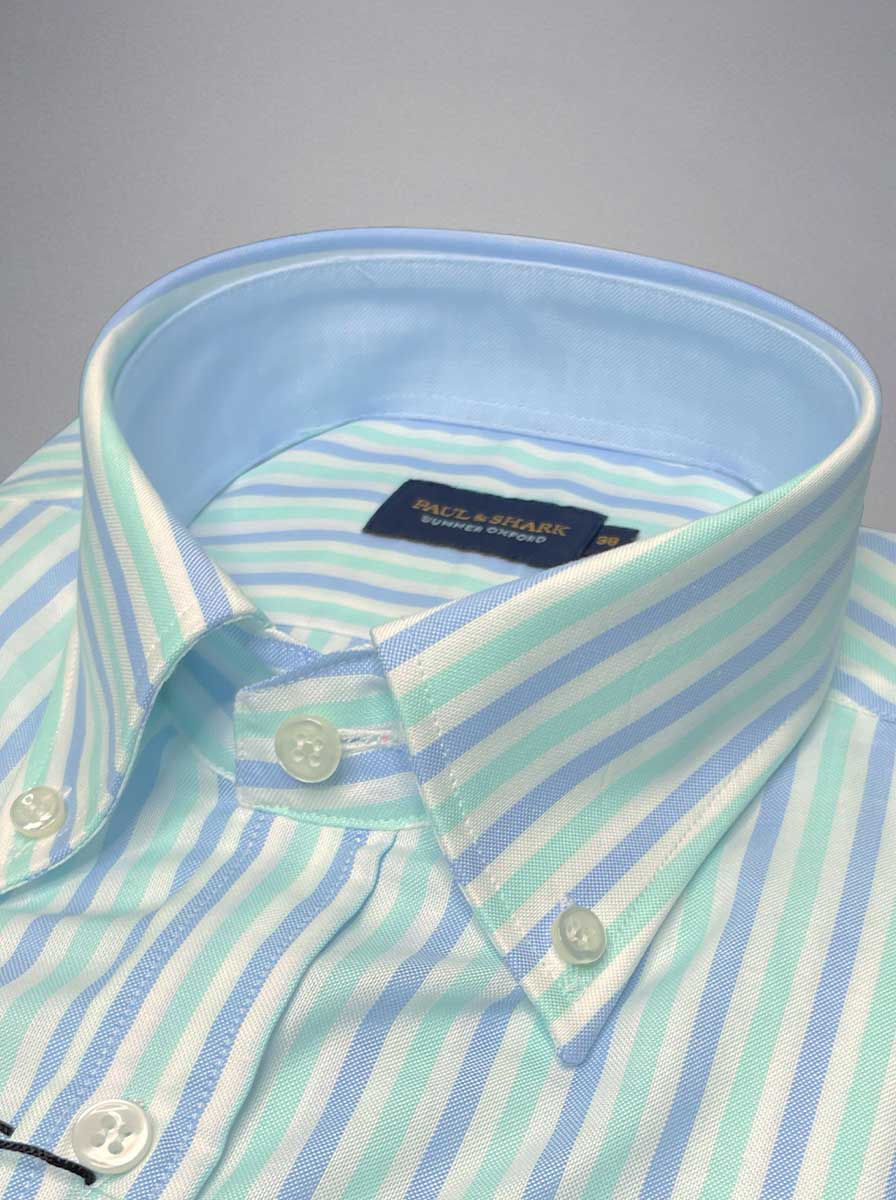 Paul & Shark Short Sleeve Shirts Paul & Shark - Multi Stripe Cotton Turquoise Short Sleeve Shirt