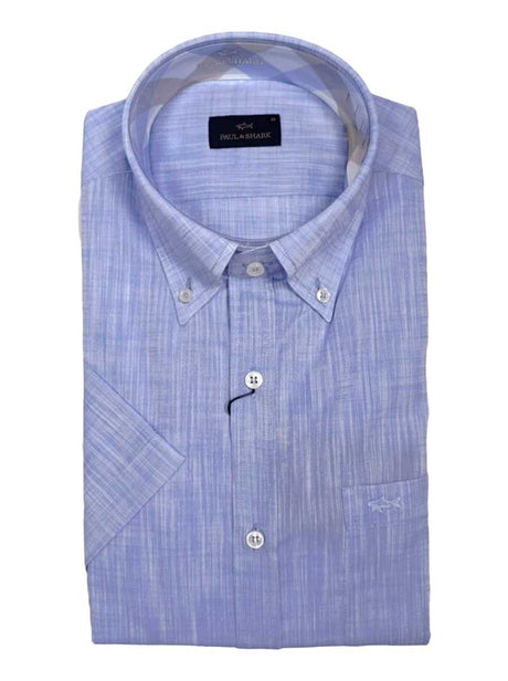 Paul & Shark Short Sleeve Shirts Paul & Shark - Textured Cotton Blue Short Sleeve Shirt