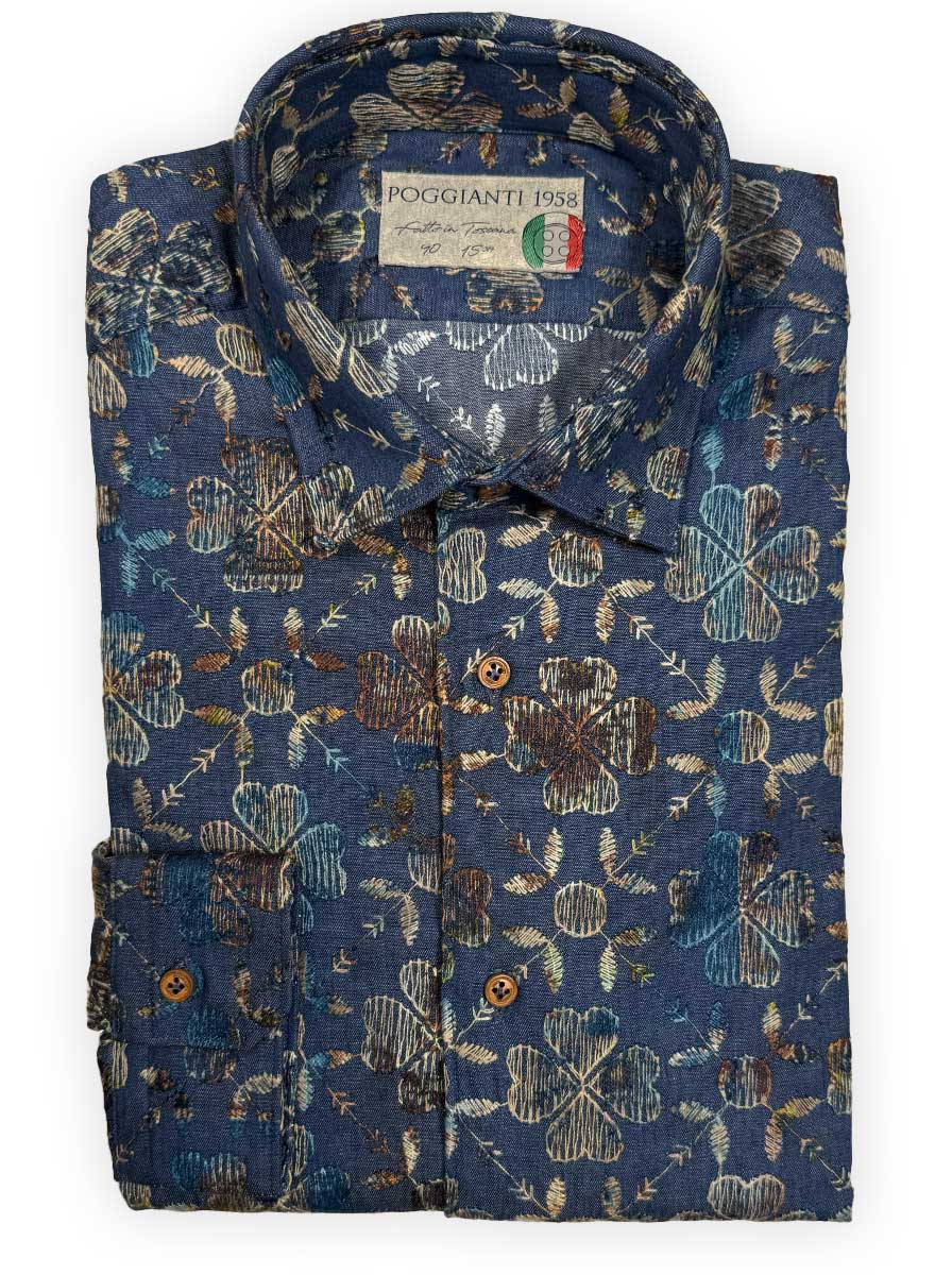 Poggianti Shirts Poggianti - Shirt - Blue Embroidered Floral Details