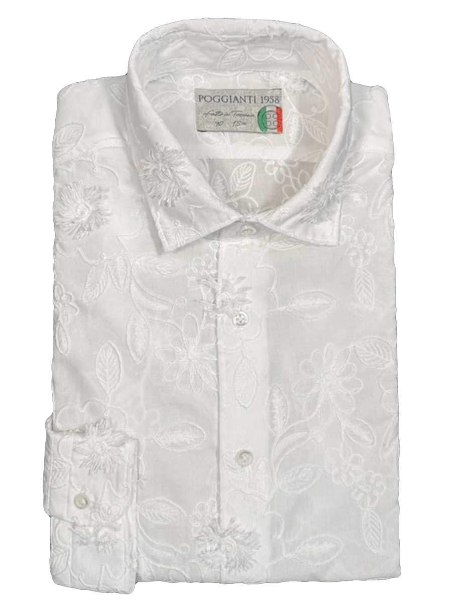 Poggianti Shirts Poggianti - White Floral Tonal Embroidered Shirt