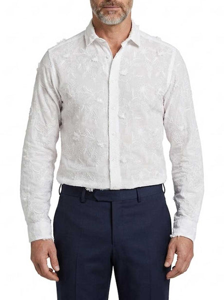 Poggianti Shirts Poggianti - White Floral Tonal Embroidered Shirt