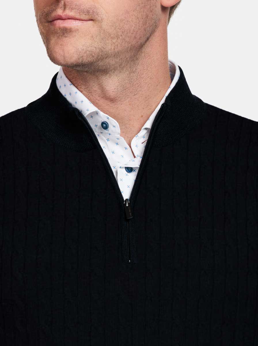 Thomas Maine Knitwear & Jumpers Thomas Maine - 1/4 Zip Navy Cashmere/Wool Cable Jumper